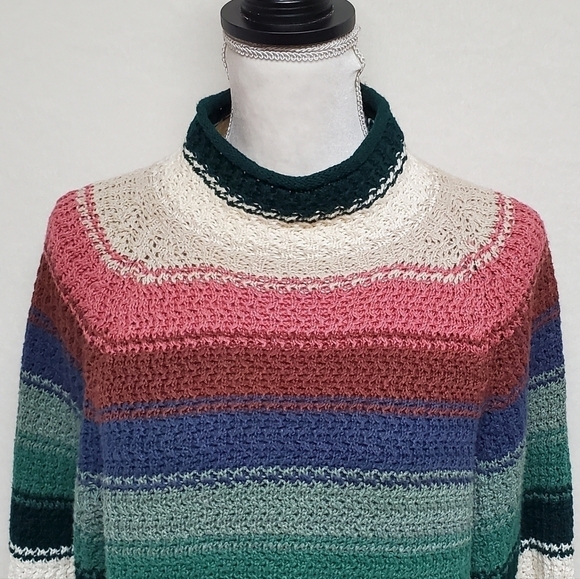 VINTAGE 80s Pastel Stripe Chunky Knit Mock Neck Cropped Sweater Paris Sport Club - Picture 5 of 14